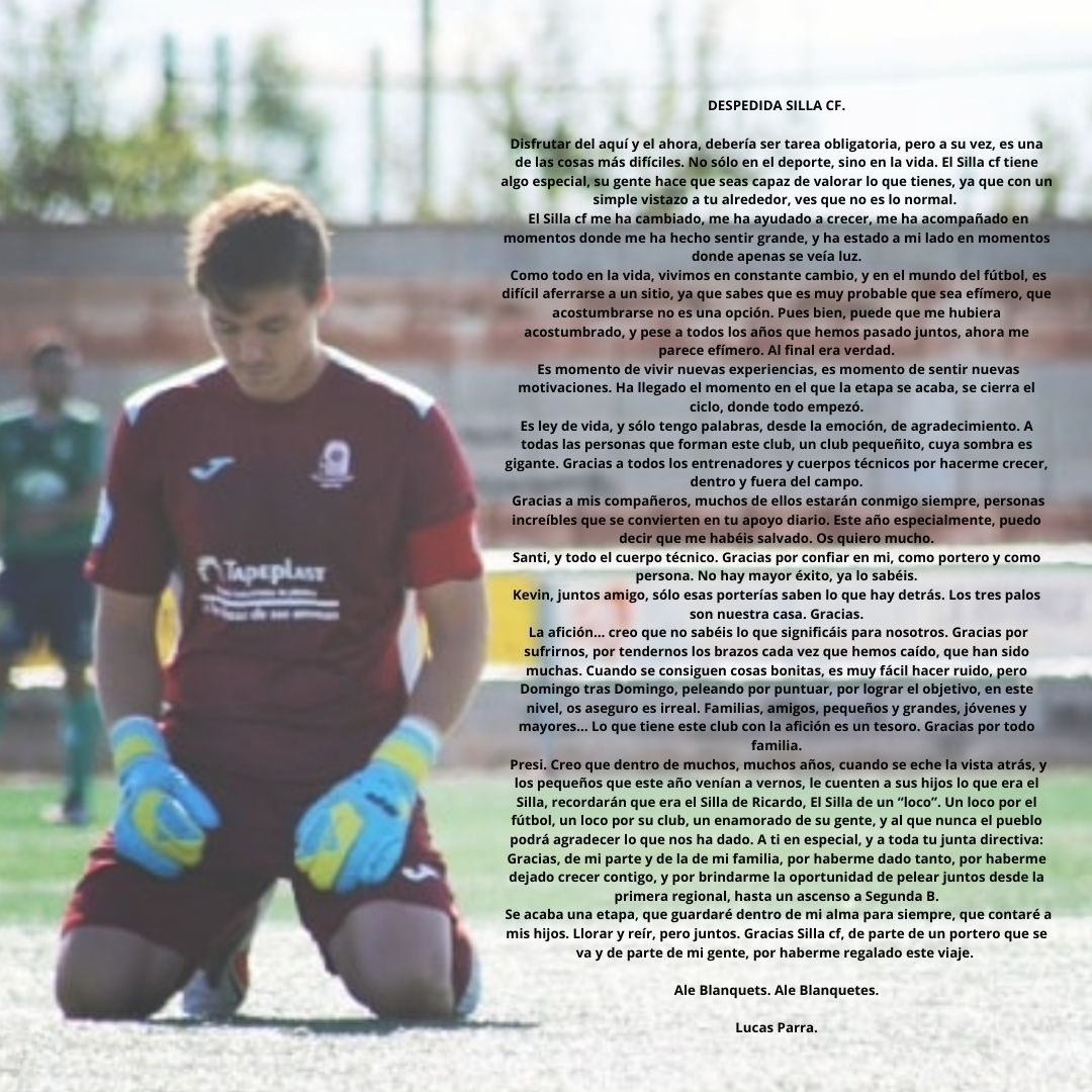 <a href="/LucasGriffin8/">Lucas Parra Marin</a> 🤍📄 “La Pantera del Morera” ha volgut dirigir-se a tots vosaltres amb unes sentides paraules d'agraïment en prendre la difícil decisió personal de dir adéu a l'equip de la seua vida i que ha defensat en les últimes 11 campanyes 🧤 

GRÀCIES, LUCAS‼️ 🤍🧤Etern🤍