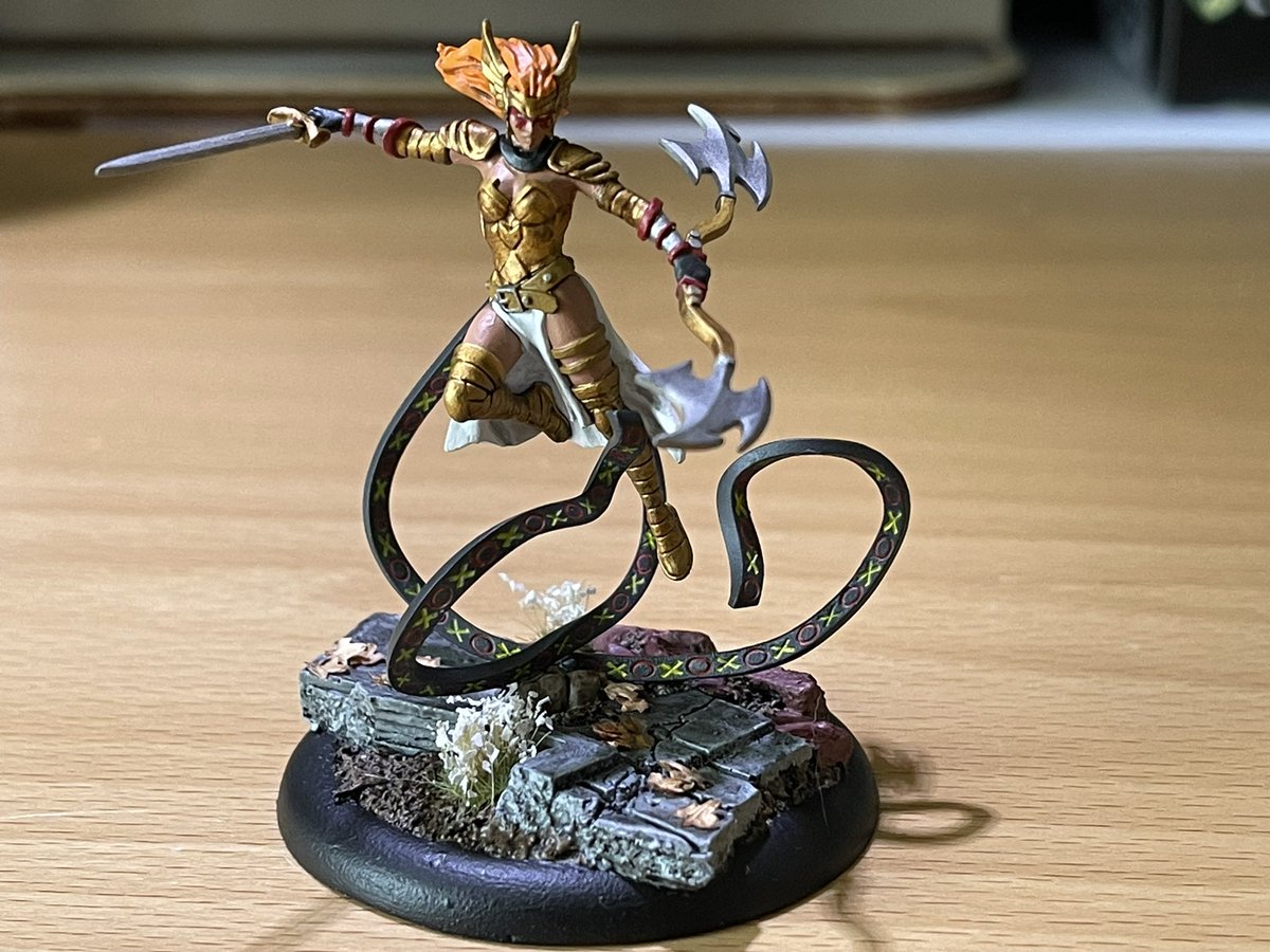 Angela. Aldrif Odinsdottir. The Angelic Assassin. Strawberry Tallcake. Thor's very angry sister. 

Finished and done. Really happy with her. Such an awesome character and model and can't wait to get her on the table tomorrow. https://t.co/omO0zcbupc