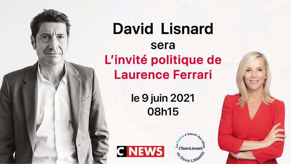 🚨 Alerte média 🚨
<a href="/davidlisnard/">David Lisnard</a> est l'invité de Laurence <a href="/LaurenceFerrari/">Laurence Ferrari</a> ce mercredi 9 juin à 8:15, dans la matinale de <a href="/CNEWS/">CNEWS</a> .
#NouvelleEnergie