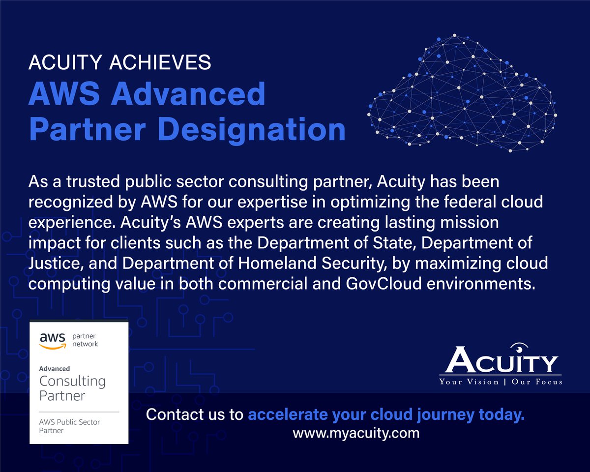 my_acuity's tweet image. Congratulations Team! #AWS has recognized us as a trusted #AWSAdvancedPartner as we continue to align with #CloudComputing leaders, apply #CloudSmart strategies, and bring #AWSGovCloud and #AWSCommercial to our #publicsector clients!