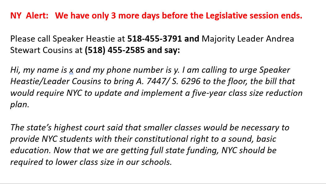 We have only 3 more days to move the bill that would require NYC schools to start lowering class size; please call the Legislative leaders today!