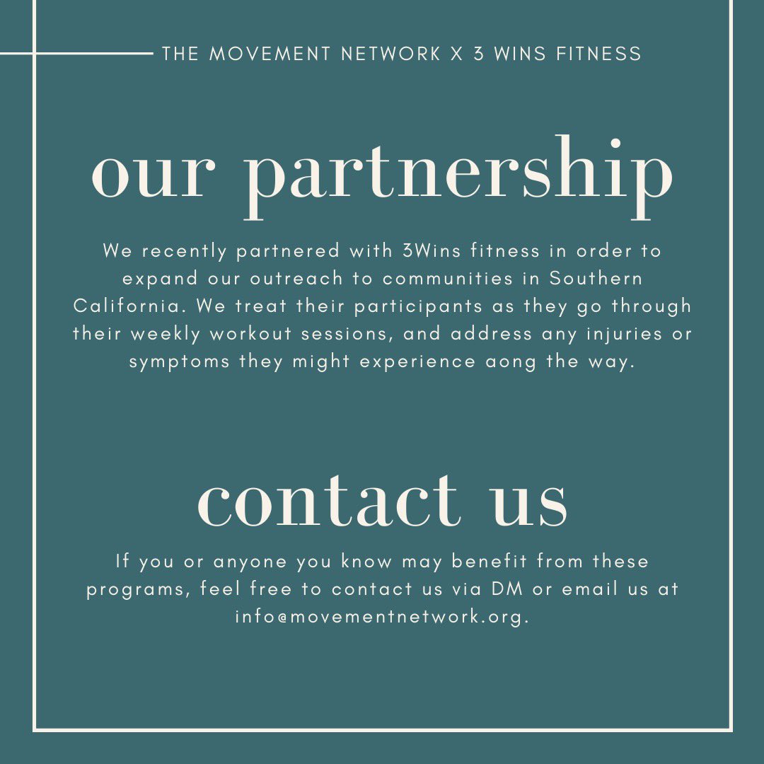 Mvmt_Network's tweet photo. Excited to be working with 3 Wins Fitness to provide more pro-bono physical therapy to communities in Southern California. 

#physicaltherapy #PTTwitter https://t.co/NT3ebWBpvo