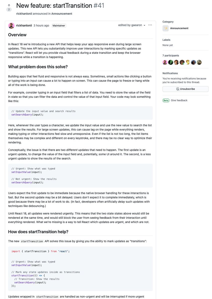 swyx's tweet photo. ⚛️ Whoa, plans for React 18 published!

https://t.co/MOPZvehoyc

Introduces the React Working Group and offering previews of new APIs using @github discussions.

- Suspense SSR
- startTransition
- automatic batching

Biggest new update to the roadmap since Server Components! https://t.co/puSl9nZ500