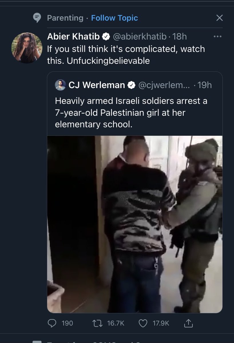 I’m not sure on what planet armed soldiers violently arresting a 7 year old child would fall under the topic of “parenting” Twitter, but I encourage all parents to watch & find the #CourageToFightApartheid