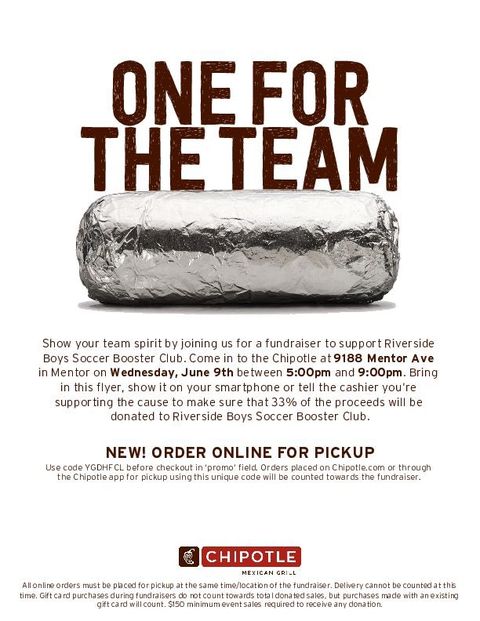RLSD_Beavers's tweet photo. Need dinner plans tomorrow night?

Visit Chipotle in Mentor between 5 p.m. and 9 p.m. and 33% of the proceeds from your order will be donated to the Riverside Boys Soccer Booster Club!

#WeAreRiverside https://t.co/jyzC6L7Q02