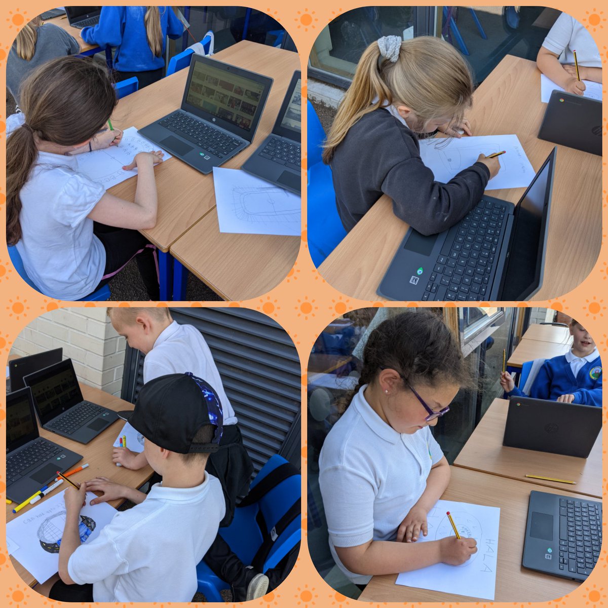 MissMcCulloch2's tweet photo. What a busy day in P5/4! Blackout poems using our class novel, measuring angles outside and designing stadiums for our sweepstake country 🌟 #takelearningoutside https://t.co/Nn5LamvihV