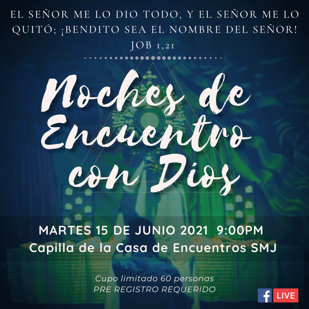 LINK DE REGISTRO forms.gle/QyqZYmhdZZjRyv… 

🟣Próximo martes 15 de Junio
🔵 En punto de las 9:00pm
🟢Capilla Santa María de la Juventud
🟡Cupo limitado a 60 personas
🟠Abierto a jóvenes en general 

¡INVITA A TUS AMIGOS Y HERMANOS! 😍