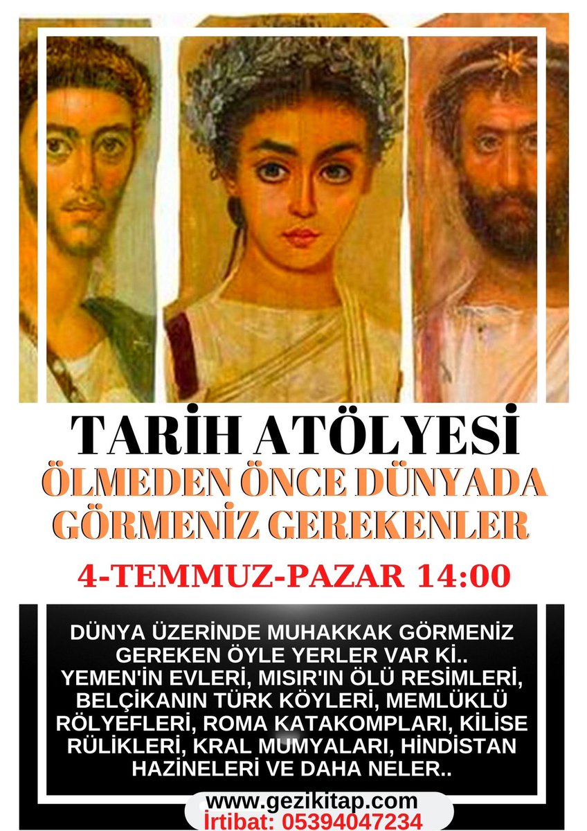 MÜJDE ! İşte karşınızda Yeni Tarih Atölyesi Konularımız 😀 Dört Atölyemize Kayıt Olanlara “İstanbul’un Bilinmeyenleri” ve “Ölmeden Önce Dünyada Görmeniz Gerekenler” Atölyelerimizin bütün sunu resimleri hediye. Kayıt İçin👉  gezikitap.com/tarih-atolyesi…