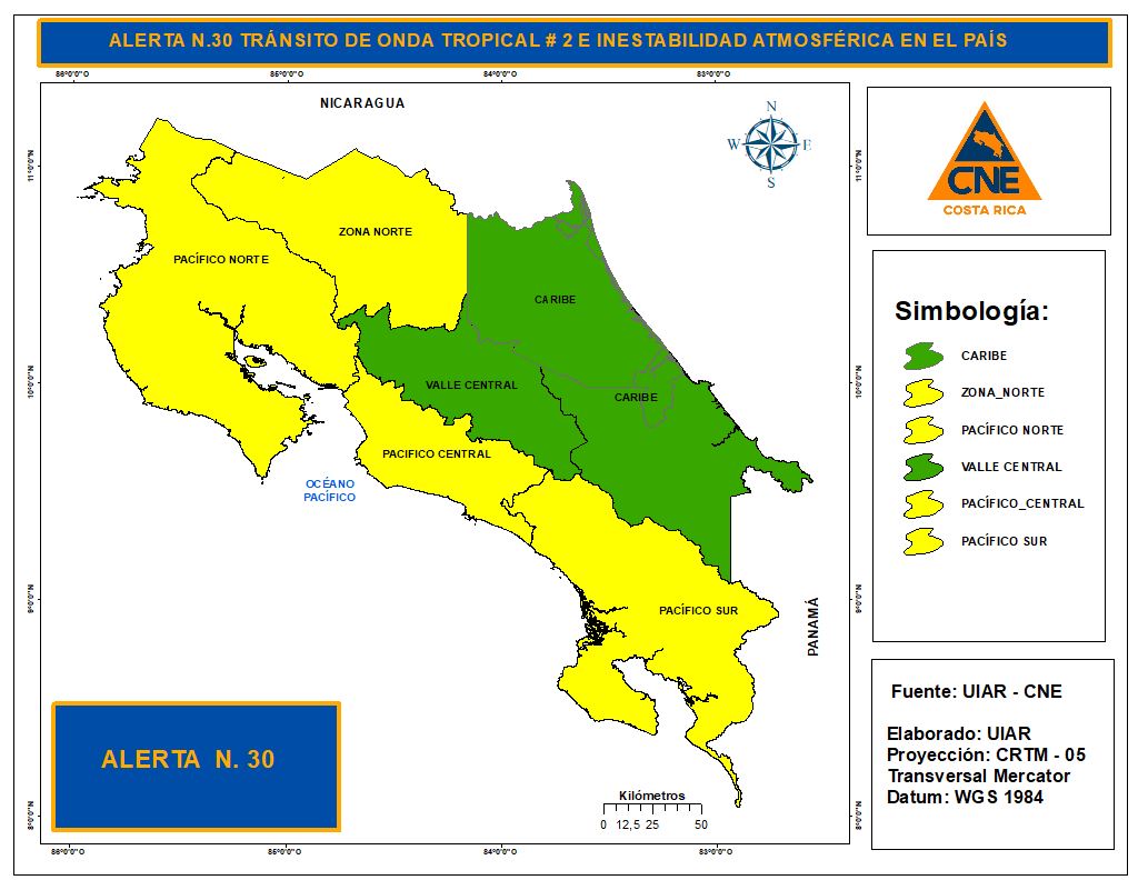 La CNE declara ALERTA AMARILLA para la Zona Norte, Pacífico Norte, Pacífico Central y Pacífico Sur y  ALERTA VERDE para las regiones Caribe y el Valle Central, ya que la cercanía de la Zona de Convergencia Intertropical y el paso de la Onda Tropical #2 potencian aguaceros fuertes