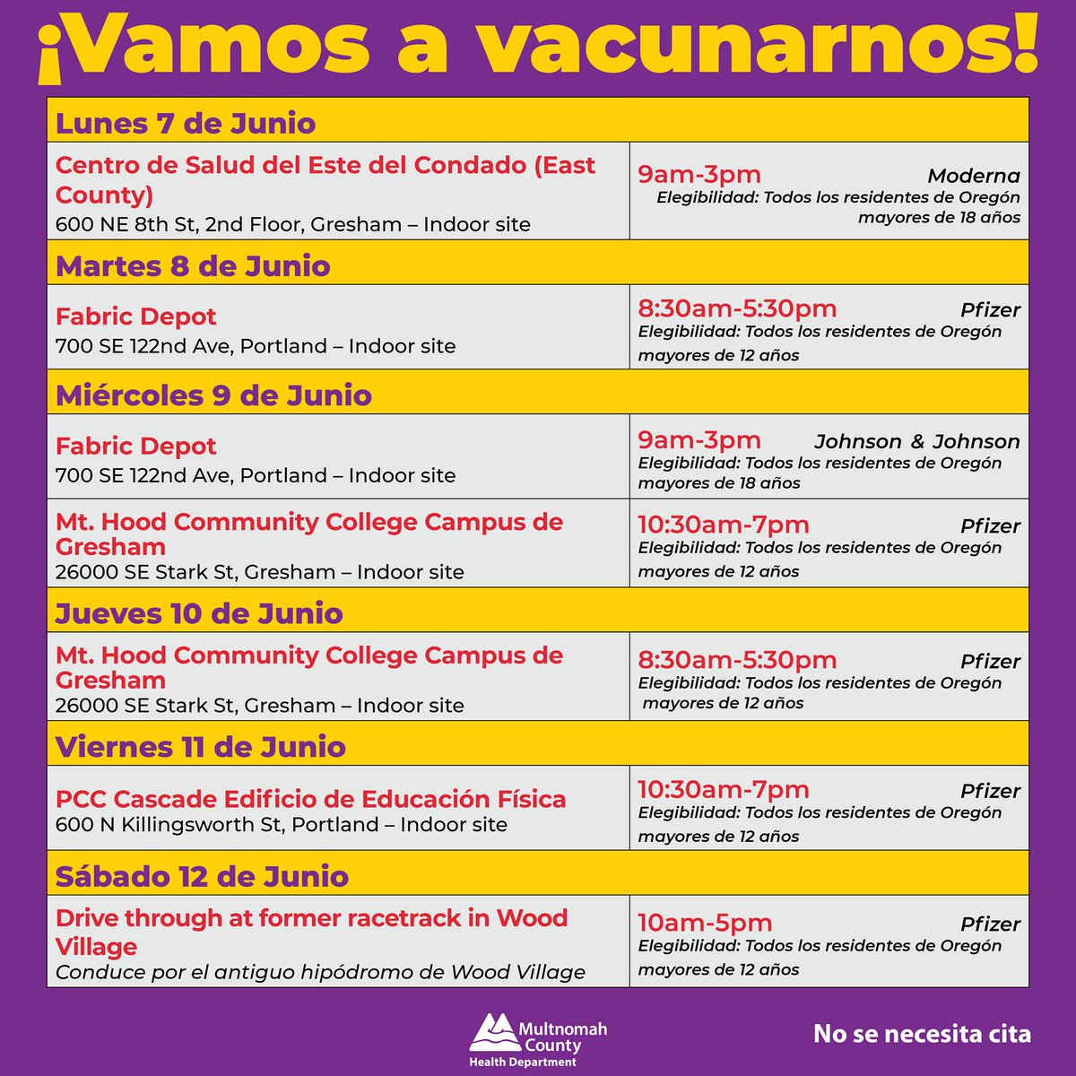 Los residentes de Oregón mayores de 12 años pueden obtener una #vacuna # COVID19 #gratis #sin cita. Consulte las clínicas de vacunas de <a href="/multco/">Multnomah County, OR</a> de esta semana y elija el momento que mejor se adapte a sus necesidades. Visite bit.ly/2RF1K6L para obtener más información.