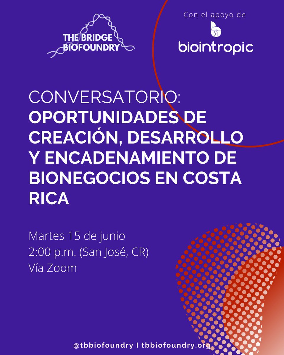 TBBiofoundry's tweet photo. ¿Por qué es importante conocer las etapas y ciclo de vida de un bionegocio? ¿Cuales oportunidades de desarrollo de nuevas ideas tenemos en Costa Rica?
Registrate a nuestro evento de #CostaRica en:  https://t.co/p3R7PNVI3m  
#Bioemprendimiento #innovacion https://t.co/Edjsp079kv