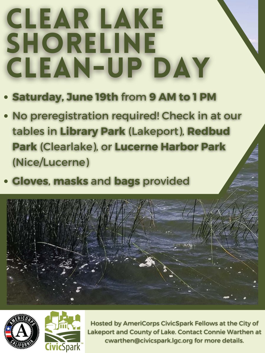CityofLakeport's tweet image. @AmeriCorps Civicspark Fellows at the City of Lakeport &amp;amp; County of Lake are hosting a Clear Lake shoreline clean-up event on June 19th! Please join us @LibraryParkLP &amp;amp; other #LakeCounty parks to help keep the public shoreline clean &amp;amp; beautiful! #LakeportCA  #ClearLake #CleanUp