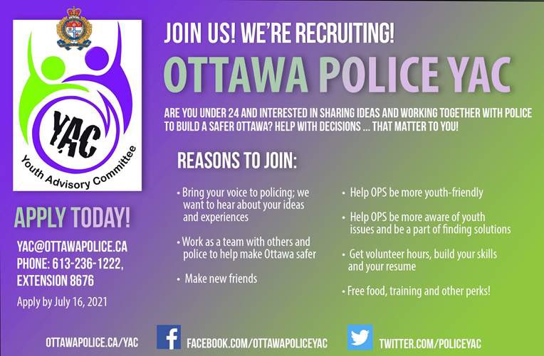 Join us! We’re recruiting! To apply, simply visit our website to fill out an application: webforms.ottawapolice.ca/Youth-Advisory…  The Deadline for applications is July 16th. Best of luck! <a href="/OPSYouthSection/">Youth Section</a>