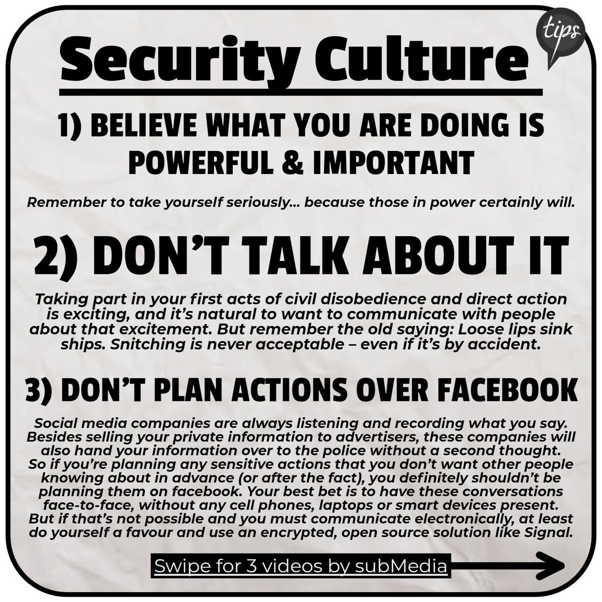 resist_zine's tweet photo. Security Culture Tips 0/3

by @submedia

#security #culture #tips #protesttips #securityculture #believeinyourself #donttalktocops #dontusefacebook #protests #protest #organising #directaction https://t.co/yub26R94DR