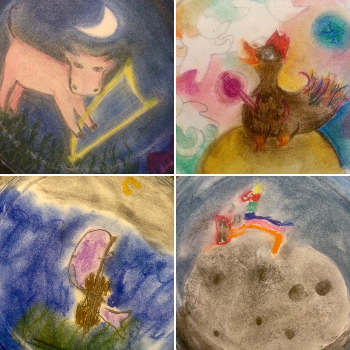 DeeringJulia's tweet photo. These are so hilarious and brilliant. Inspired by Chagall’s violin-playing goats and smiling red horses, the Young Artists made fantasy dream-worlds for their favourite animals. Spot the banjo-playing chicken, cello-playing whale, harp-playing rainbow llama, saxophone-playing... https://t.co/VkKhOhpKmN