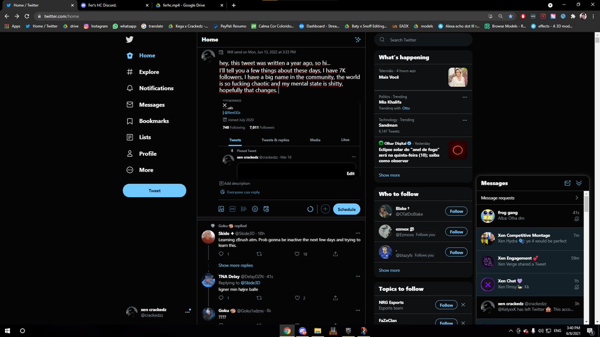 hey, this tweet was written a year ago, so hi...
I'll tell you a few things about these days, I have 7K followers, I have a big name in the community, the world is so fucking chaotic and my mental state is shitty, hopefully that changes.