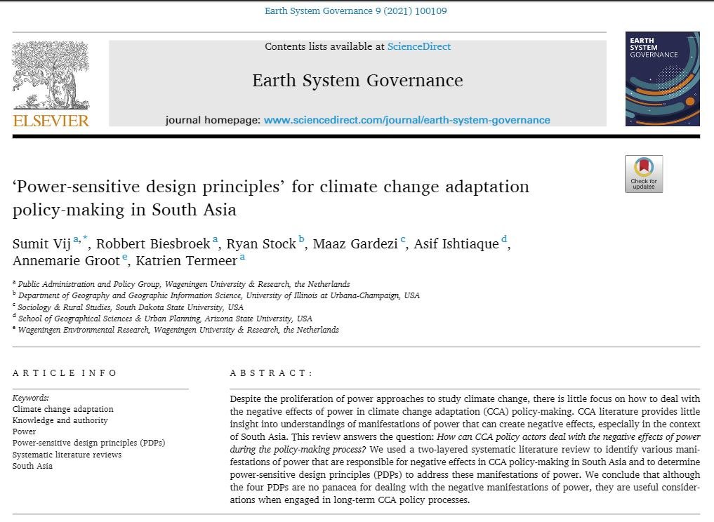 New paper alert!
While power dynamics among actors can affect adaptation policy-making negatively, this article discusses how can we deal with those negative effects with 'power-sensitive design principles'.
Led by <a href="/SumitVij19/">Sumit Vij</a> w/ @r_biesbroek <a href="/MaazGardezi/">Maaz Gardezi</a> @KatrienTermeer