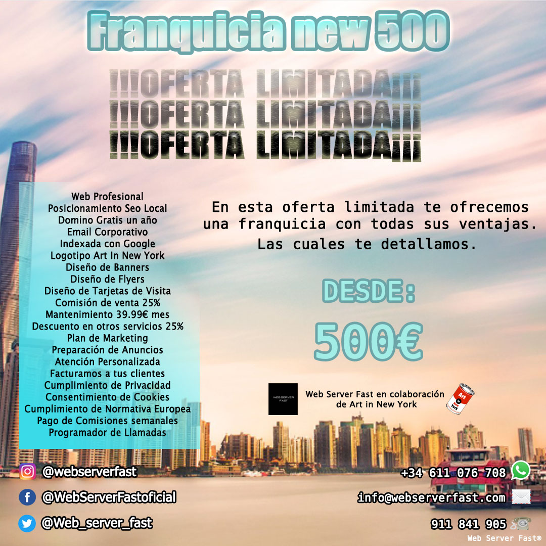 Nueva oferta del mes.
Entra en nuestra web e infórmate:
webserverfast.com
Y recuerda que puedes seguirnos en nuestras redes sociales:
Instagram: <a href="/webserverfast/">WebServerFast</a>
Facebook: @WebServerFastoficial
Puedes contactarnos en:
info@webserverfast.com
911 841 905/ 611 076 708