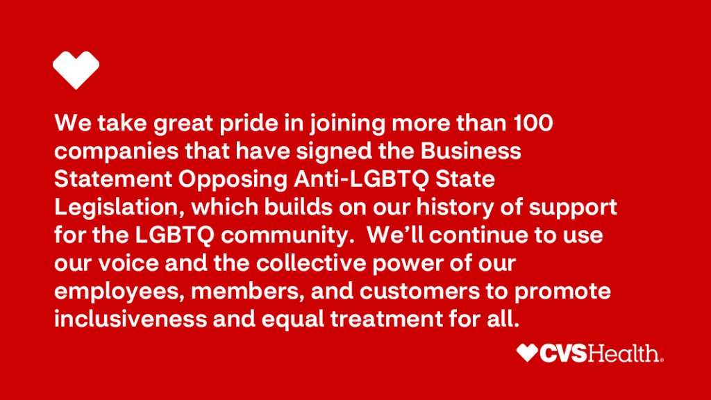CVSHealth's tweet photo. #CVSHealth is proud to join more than 100 companies that have signed @HRC’s Business Statement Opposing Anti-LGBTQ State Legislation. We will continue to use our voice to promote inclusiveness and equal treatment for all. https://t.co/1wEasSIWsK