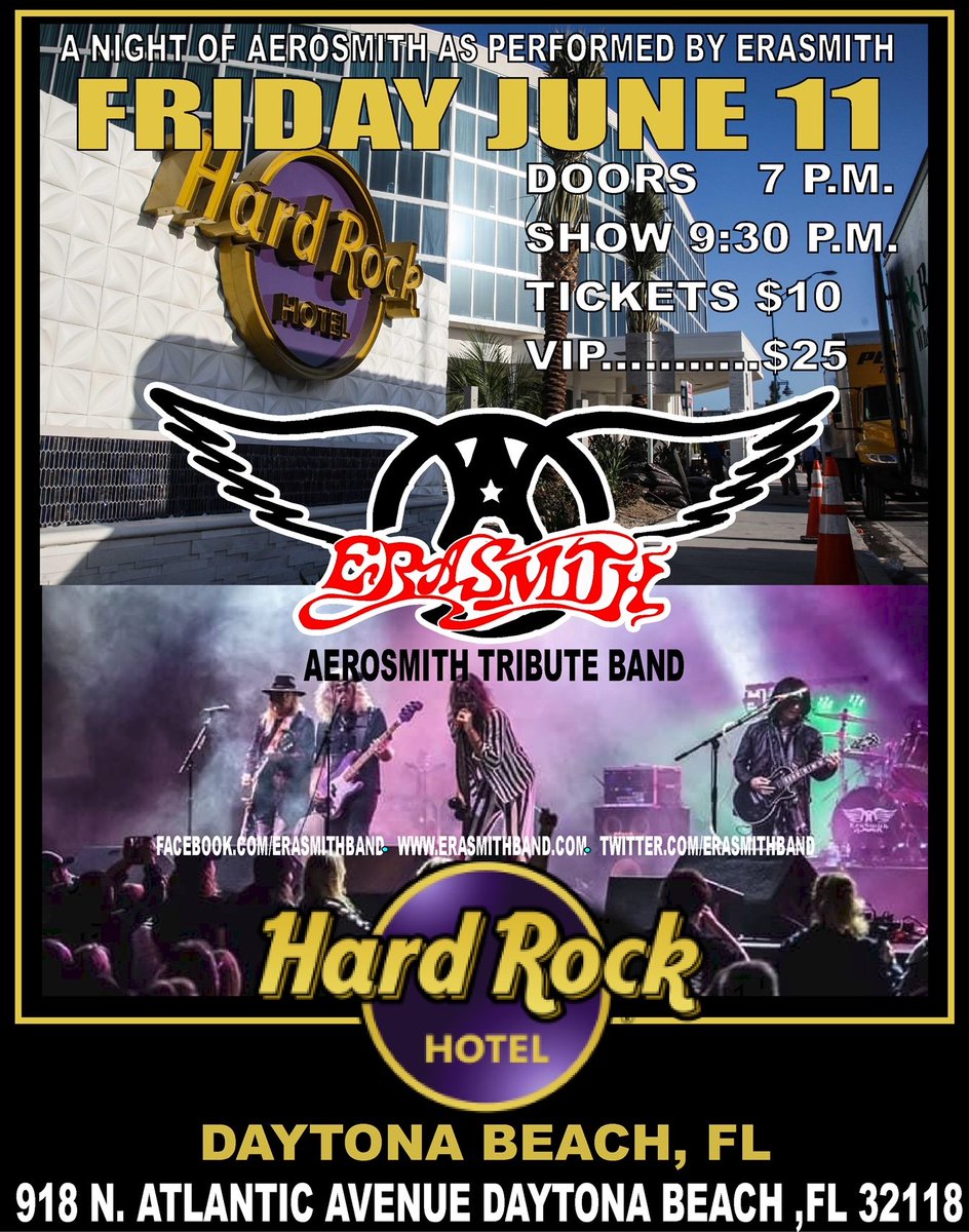 Friday 6/11 <a href="/EraSmithBand/">ERASMITH Band</a> (The Aerosmith Tribute) rocks <a href="/HardRockDaytona/">Hard Rock Daytona</a> <a href="/HardRockHotels/">Hard Rock Hotels</a> <a href="/WHOG957/">95.7 the Hog</a>
#Aerosmith #tributeband #backinthesaddle #livemusic #daytonabeach #rockthebeachtributeseries #hardrockhoteldaytonabeach