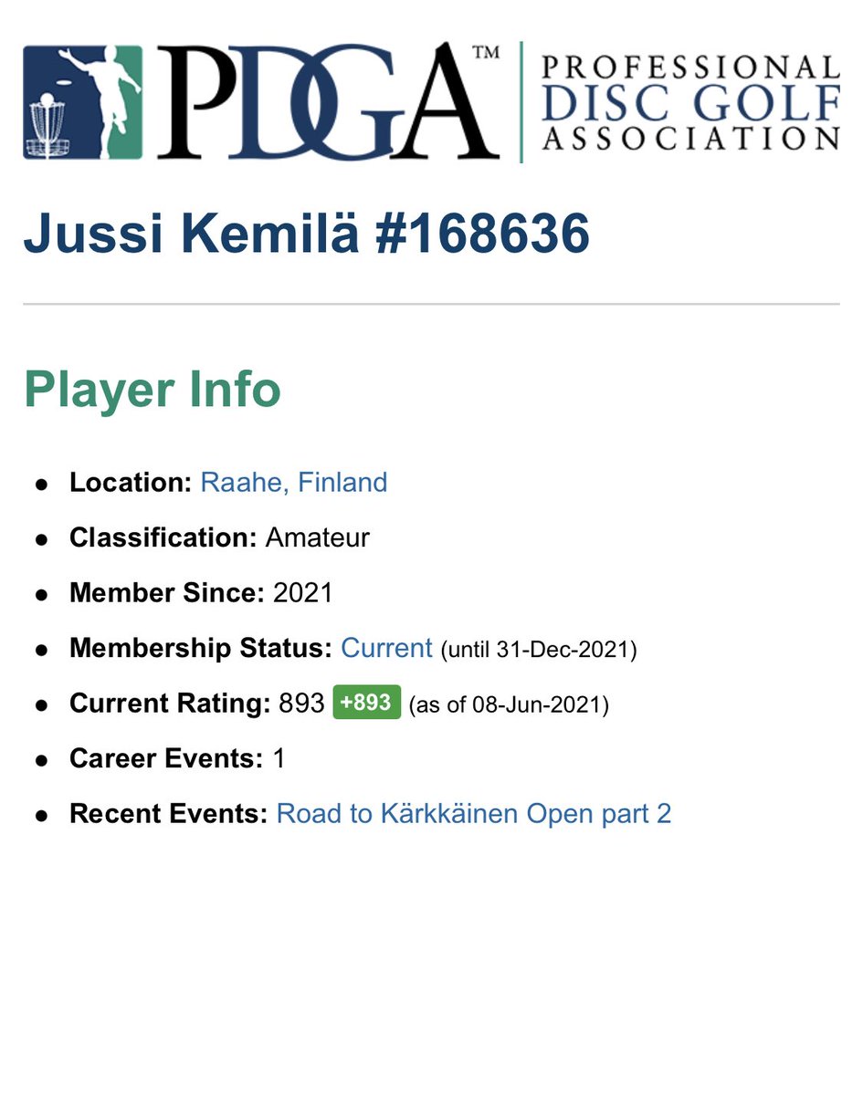 JussiKemila's tweet photo. Nyt on sitten minullakin ensimmäistä kertaa #pdga #rating. Eihän tuo vielä kovin häävi ole, mutta jostain sitä on aloitettava. Eiköhän se siitä pikku hiljaa lähde johonkin suuntaan kehittymään... #frisbeegolf #discgolf #firstrating https://t.co/274H29cfsY