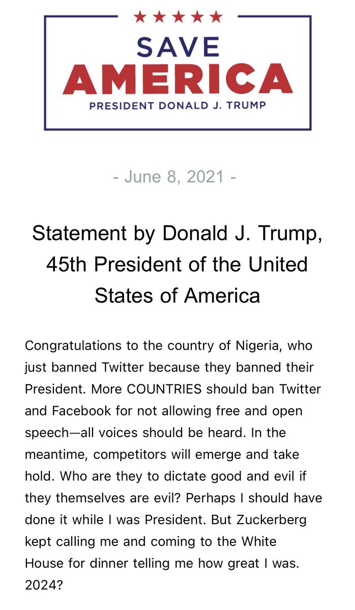 Statement by Donald J. Trump, 45th President of the United States of America