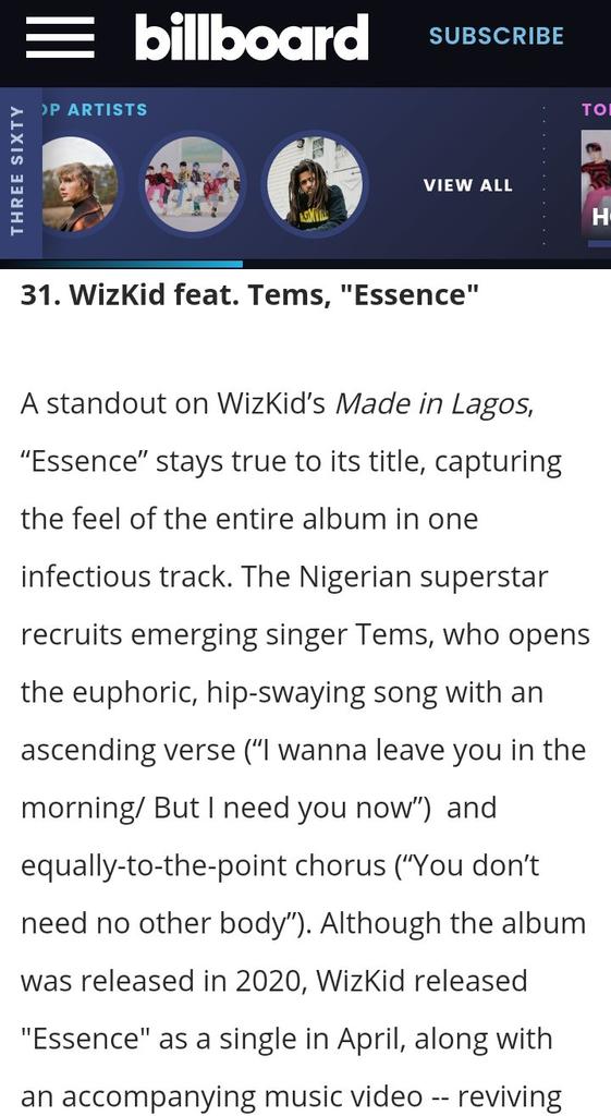 xhi7zas's tweet image. More wins for Wizkid x Tems Essence 🔥🔥
Billboard’s Top 50 Best Song In 2021.