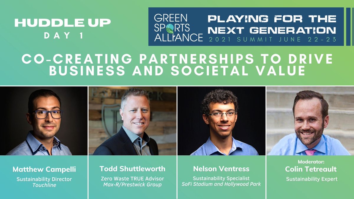 Join #greensports leaders <a href="/ColinTetreault/">Colin Tetreault</a>, @MattCampelli of <a href="/touchline_com/">touchline</a>, <a href="/toddshuttlewort/">Todd Shuttleworth</a> of @maxrbins &amp; <a href="/Nelson_Ventress/">Nelson Ventress</a> of @sofistadium at the #GSASummit21 to learn how co-creating partnerships can drive business and societal value . Register today! greensportsalliance.org/events/2021-su…