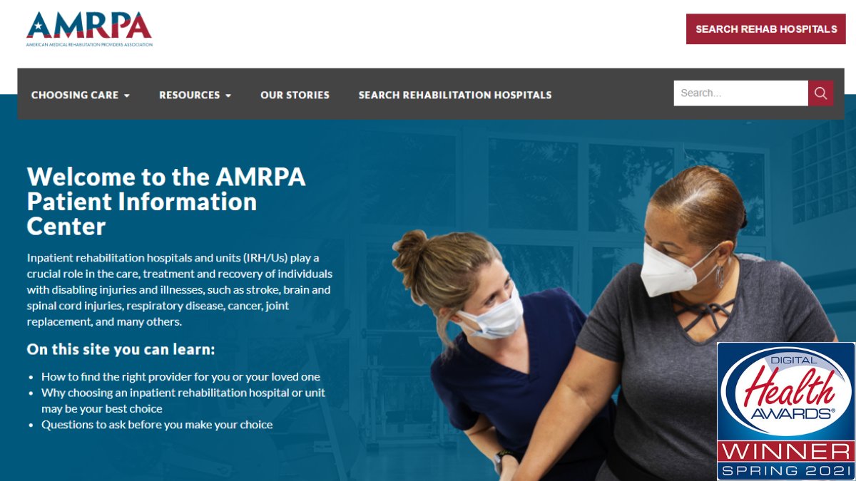 AMRPA's tweet image. We won! Our new Patient Information Center was recognized with a Merit Award by @DHealthAwards. Check out our award-winning site here, designed to make finding quality inpatient medical rehabilitation care easier: bit.ly/3qb3RuT #Spring2021DHA #PowerofMedicalRehab