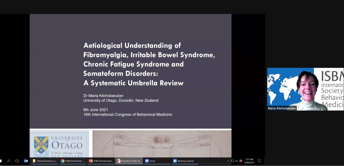 Interesting talks from my fellow Kiwi‘s today! 🥝 <a href="/LizBroadbent/">Liz Broadbent</a> shared a fascinating feasibility study exploring the use of digital humans to deliver stress mgmt &amp; @MKleinstauber shared her review on the aetiological understanding of IBS, CFS/ME &amp; fibromyalgia 🌿 #icbm2021glasgow