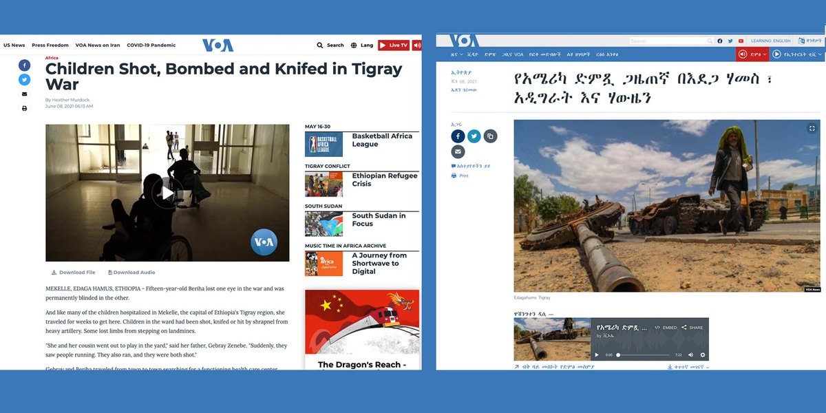 Akemeloo's tweet photo. Look how @VOAAmharic downplayed a story from @VOANews. One story - two different headlines. Smh @VOADirector Pic: @YaddiB https://t.co/RYqkR2gzFh