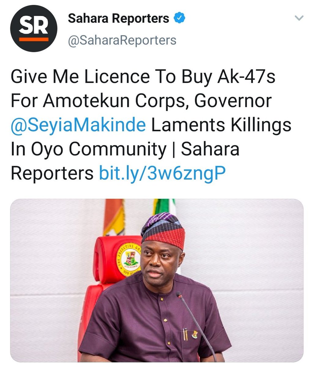 Herdsmen killing your people don't have license for their AK-47s, but you <a href="/seyiamakinde/">Seyi Makinde</a> as a governor of a state is begging for license to buy AK-47s for #Amotekun to protect your own state.
Who or what are you really afraid of?.
You need @_IgbohoSunday at this point not Amotekun