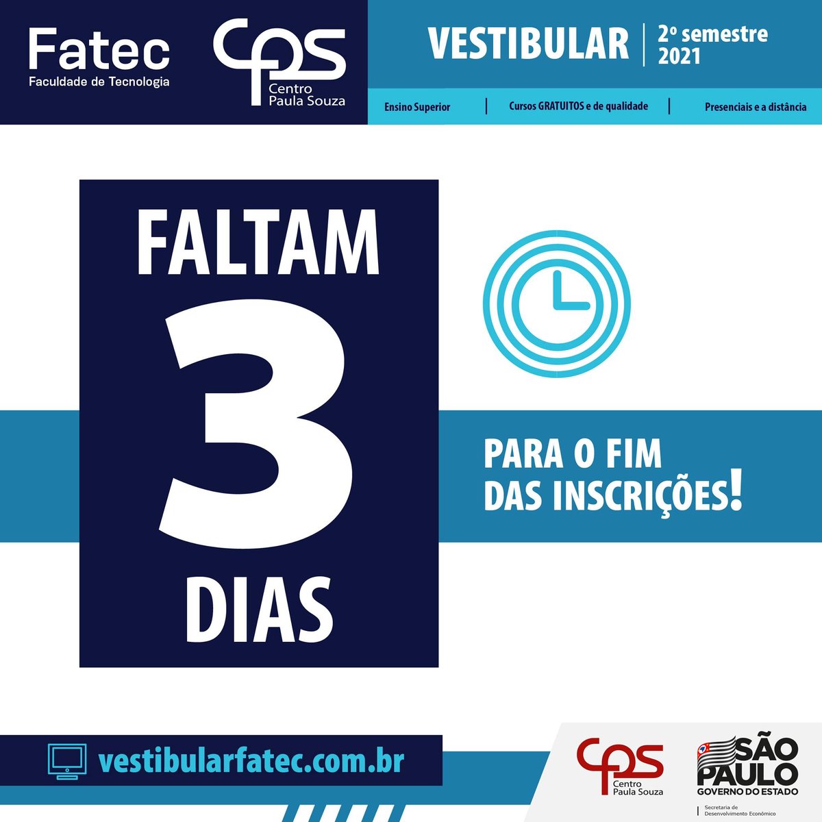 fateccruzeiro's tweet photo. ⏳ Faltam 3 dias para o fim das inscrições do Vestibular das Fatecs para o 2º semestre de 2021!

💻 Inscreva-se no site https://t.co/MTyfAOQgHT

#CentroPaulaSouza #CPS #Fatec #VemPraFatec #VestibularFatec #Vestibular #ProcessoSeletivo #EnsinoSuperiorDeTecnologia #FatecCruzeiro https://t.co/WZSMMFYLQO