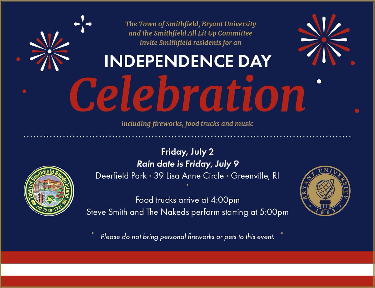 Join us on Fri, July 2 at Deerfield Park in Smithfield for an Independence Day celebration with fireworks, food trucks, and live music!