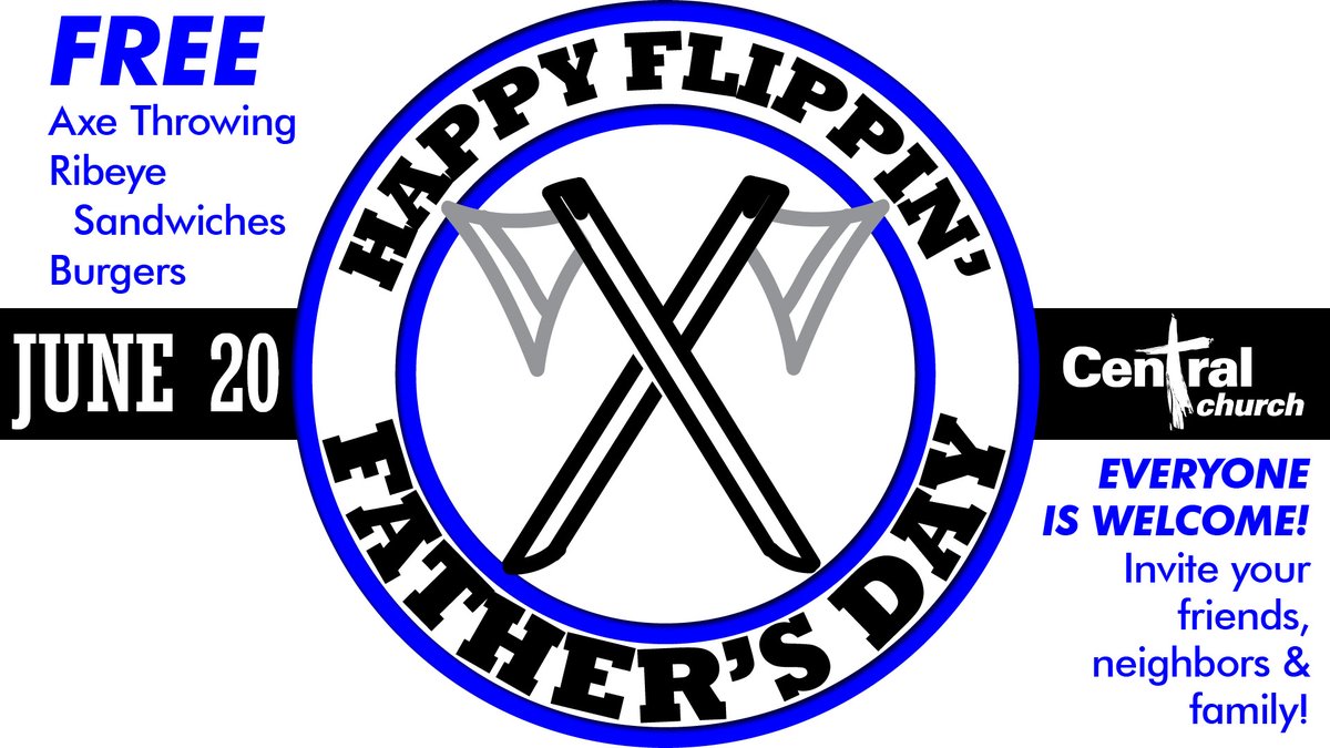 CentralCarroll's tweet photo. Bring your Dad to church for Father's Day (June 20th)!

We have FREE Axe Throwing, Ribeye Sandwiches, Burgers and more. Happening before/after all 3 morning services (8:00, 9:30 or 11:00) at Central Church.

Everyone is welcome!
Invite your friends, neighbors &amp; family! https://t.co/wAiul1Eiwf
