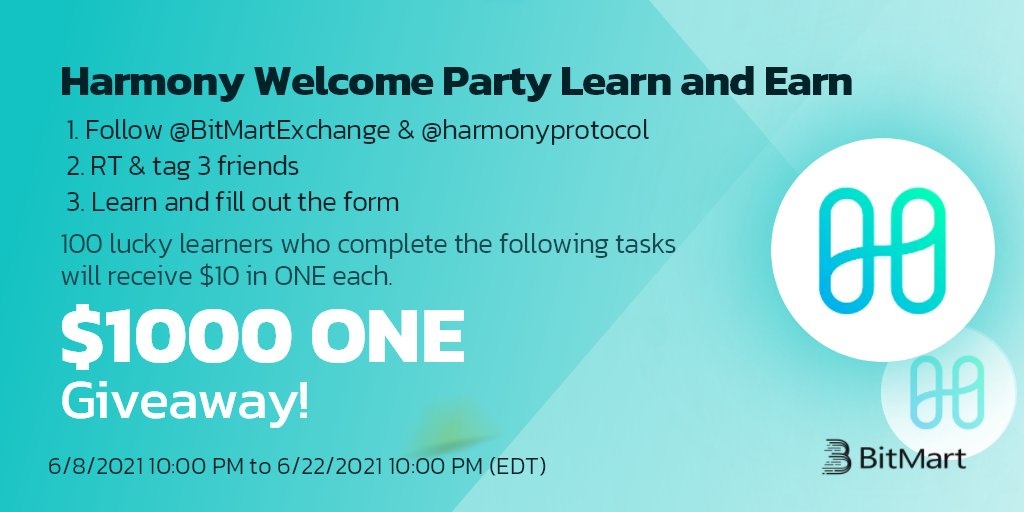 BitMartExchange's tweet photo. Join Learn and Earn with @harmonyprotocol 
🥳100 lucky learners who complete the following tasks will receive $10 in ONE each.

Steps:
1️⃣Follow @BitMartExchange  &amp; @harmonyprotocol  

2️⃣RT &amp; tag 3 friends (take a screenshot)

3️⃣Answer the questions 👇
https://t.co/pN3ACPiXTN https://t.co/1pq06RZxTj