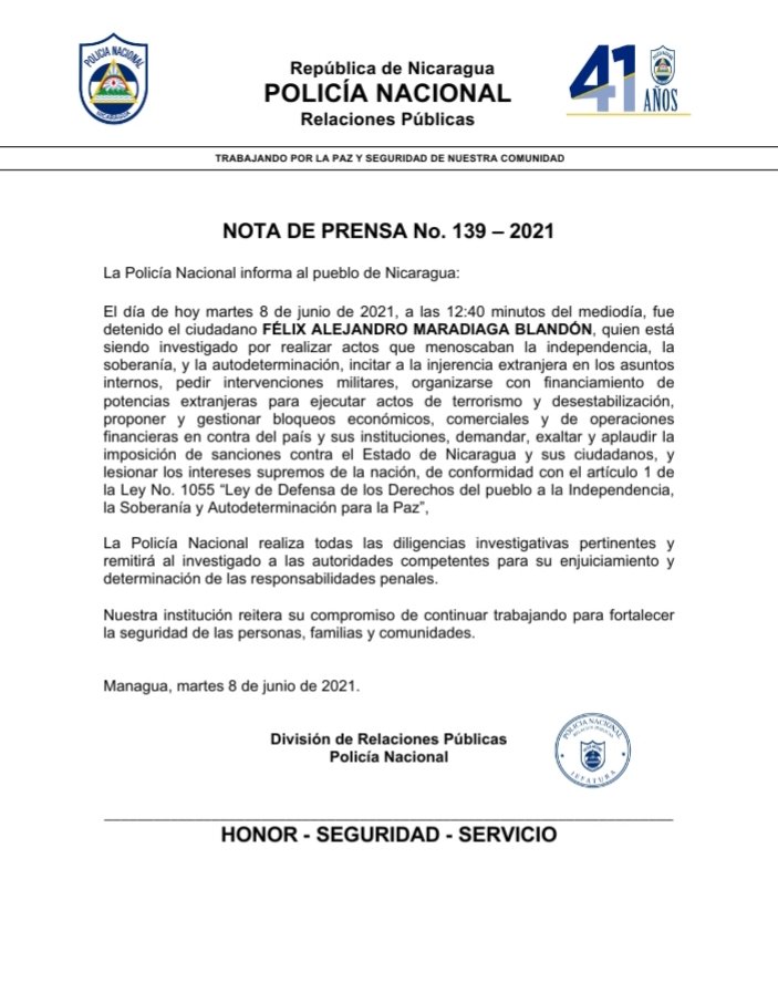 Policía Nacional informa sobre la detención del  Sr. Félix Alejandro Madariaga Blandón, quien está siendo investigado de conformidad al artículo 1 de la Ley N° 1055 - "Ley de Defensa de los Derechos del Pueblo a la Independencia, la Soberania y la Autodeterminación para la Paz".