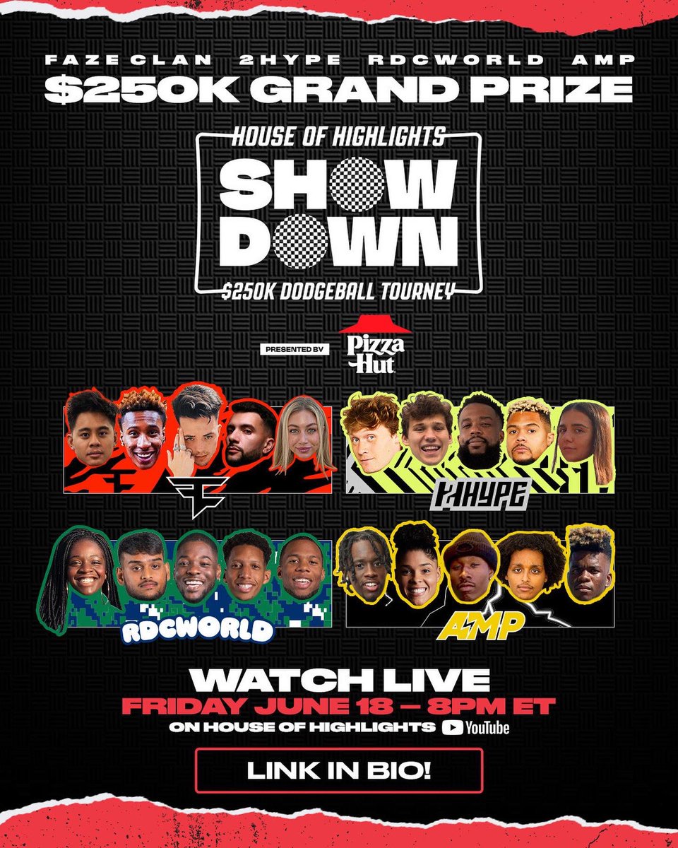 HoHighlights's tweet image. 🚨 HoH’s SHOWDOWN IS BACK AND THIS TIME $250K IS ON THE LINE 🚨     
@FaZeClan @official2HYPE @ampexclusive @RDCworld1 are competing in the dodgeball tournament next Friday on our YouTube  page🔥 LINK IN BIO TO SET A REMINDER TO WATCH