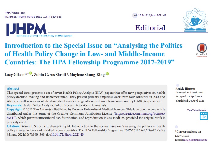 Introduction to the Special Issue on “Analysing the Politics of Health Policy Change in Low- and Middle-Income Countries: The #HPA Fellowship Programme 2017-2019” ijhpm.com/article_4039.h… @Lucy_Gilson #HealthPolicyAnalysis #HealthPolicy #PolicyProcess #IJHPM #Specialissue