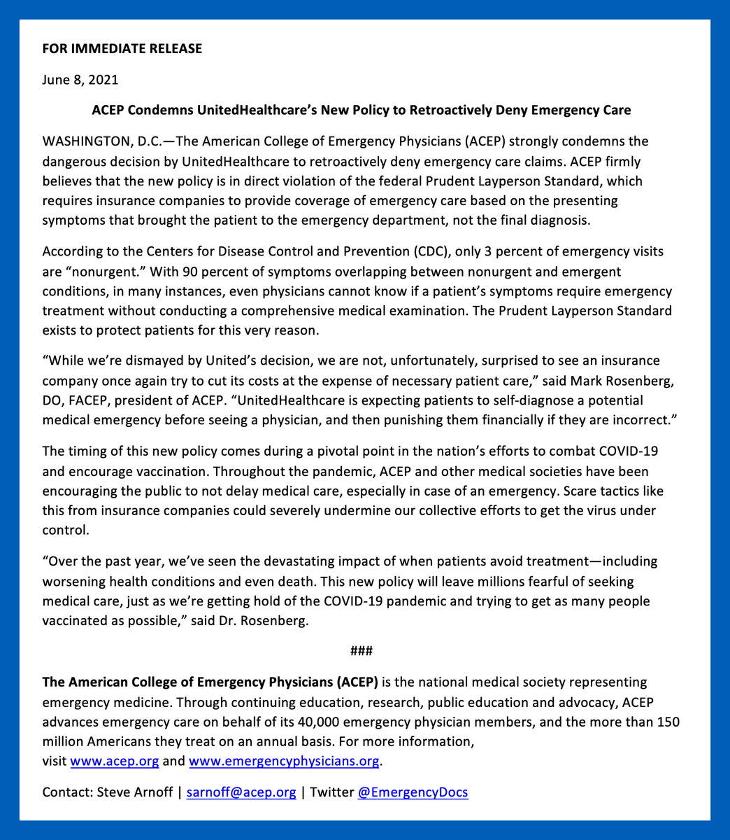 EmergencyDocs's tweet photo. ACEP strongly condemns UnitedHealthcare’s dangerous new policy to retroactively deny emergency care claims. 

Reckless policies like this will leave millions fearful of seeking medical care just as we’re getting hold of the pandemic. Full statement: https://t.co/98UgUo8AbS https://t.co/9m9p5HyUUi