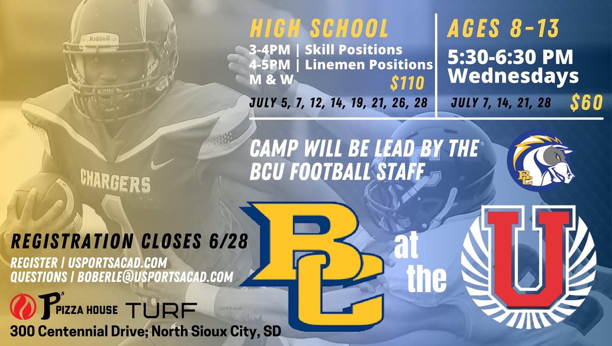 We are excited to announce the <a href="/BriarCliffFB/">Briar Cliff Football</a> staff will be training our athletes at the BC at the U Football Camp happening this July! #GoChargers #United 
📍 <a href="/u_turf/">United Turf and Cages</a> 
🏈 Ages 8-13 &amp; High School Athletes
🔗 unitedsportsacademy.sportngin.com/register/form/…