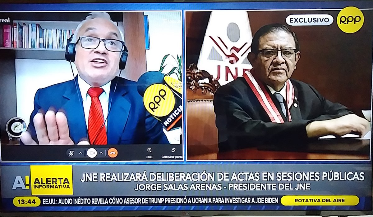 El Presidente del #JNE, Jorge Luis Salas Arenas, informó que el Pleno del JNE, de forma unánime, ha decidido excepcionalmente que las deliberaciones y votaciones sobre las actas observadas, que fueron apeladas, se vean públicamente, esto debido al interés que denota la materia.