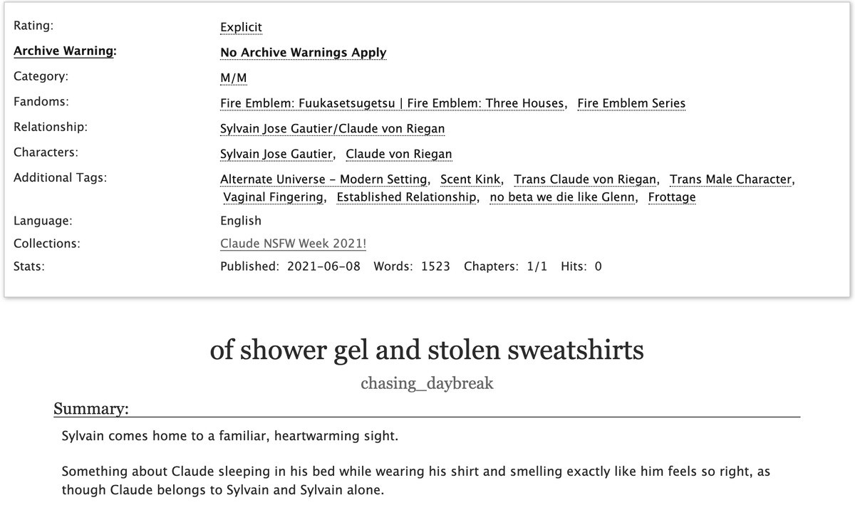 _ruinedsky's tweet photo. nsfw //

of shower gel and stolen sweatshirts

sylvain comes home to find claude sleeping on his bed. written for #claudensfwweek day 7 - firsts.

✨ trans claude!
✨ sylvain and claude are very much in love thank you
✨ scent kink (not a/b/o)
✨ rated E | 1523w | completed https://t.co/Hh0f3k2ifP