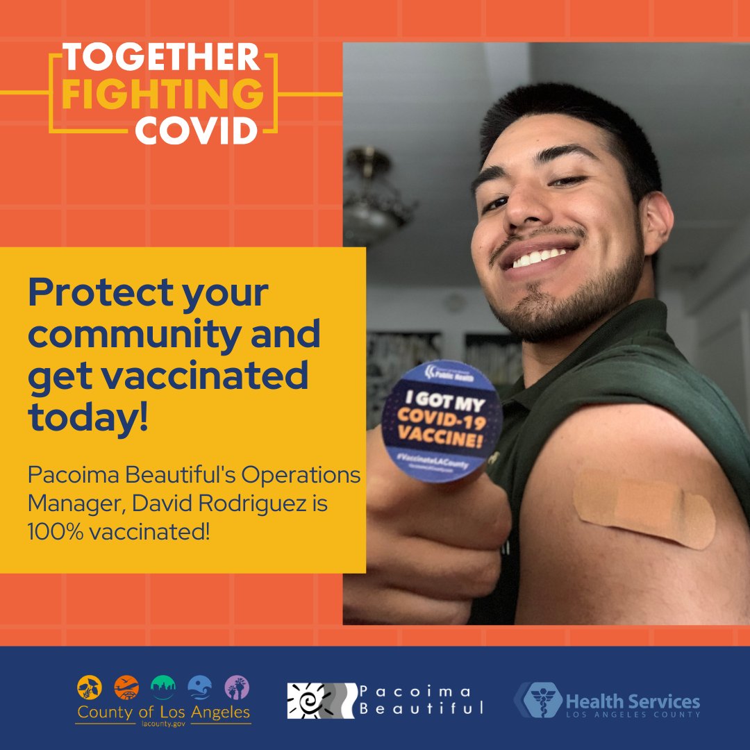 PB__Community's tweet photo. At #PacoimaBeautiful, we care most about our community health and safety, as does our Operations Manager, David Rodriguez, who is 100% #vaccinated ๐
โก๏ธ Head to https://t.co/bkZcVbZ5Rz to find a vaccine site near you and get your free vaccine today! https://t.co/NCrN5BKZBD