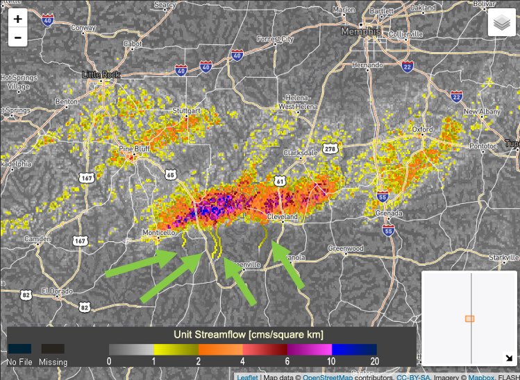 The CREST unit Q product often shows the “bleed out” from a very heavy rain band with extreme events such as this flash flood emergency.