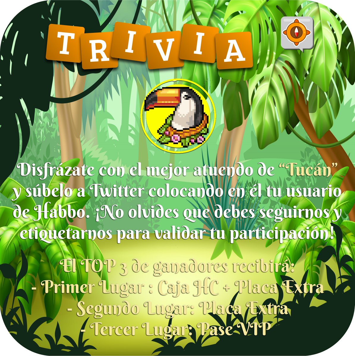 ESHabboSecurity's tweet photo. 📢"Concurso Express": "Disfraz de Tucán"🦜🌸
✅Deberás seguir a nuestra cuenta y vestirte con tu mejor atuendo de "Tucán" en nuestra "Central de Eventos Diarios". Recuerda usar el hashtag #TriviaHSE y etiquetarnos. Los ganadores recibirán las recompensas de la imagen💥 ¡Suerte!👏 https://t.co/gCM6Ie7Mpp