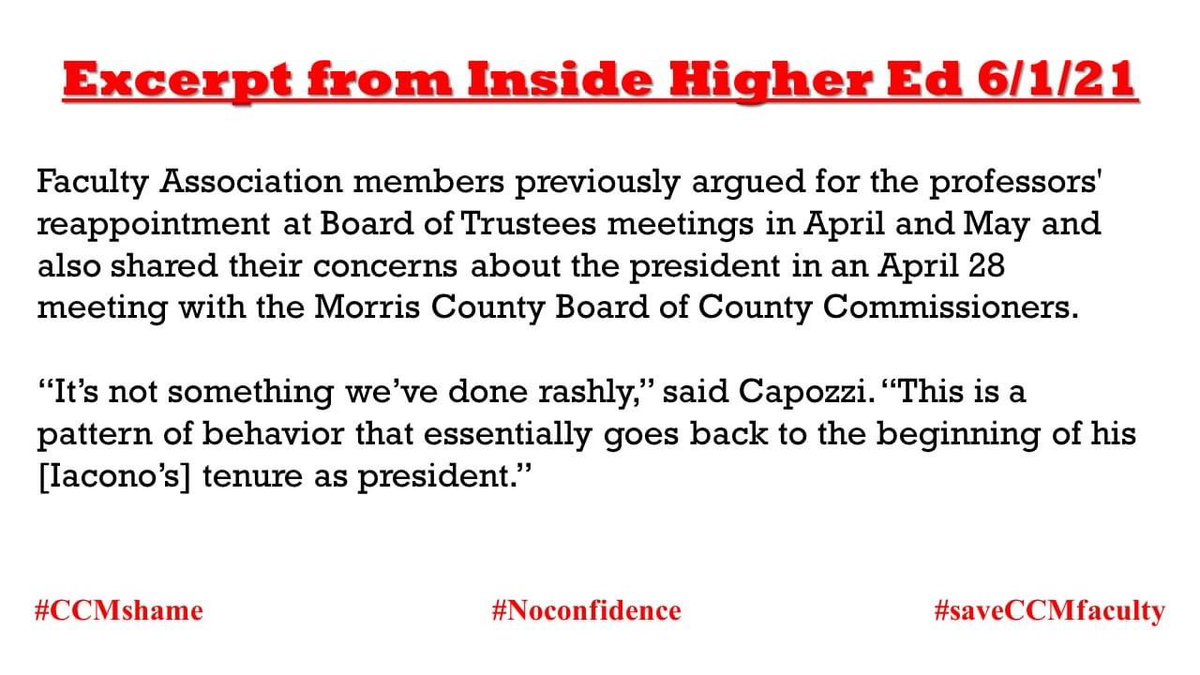SaveCCMfaculty's tweet photo. Our campaign is a direct response to the escalation of fear and intimidation perpetrated by Tony Iacono @CCMProud & his @CCM_edu administration.
#savetheseven #ccmshame #noconfidence #faccmstrong #njeastrong #njcommunitycolleges https://t.co/nTH1FOAxjo