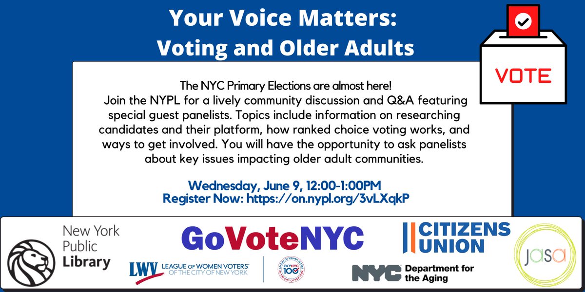 Your voice matters! On 6/9 from 12pm-1pm, join Molly Krakowski, JASA's Senior Director of Government Affairs, colleagues of <a href="/nypl/">NY Public Library</a>, <a href="/LWVNYS/">LWV of New York</a>, and @NYCSeniors to learn more about the upcoming NYC Primary Elections!