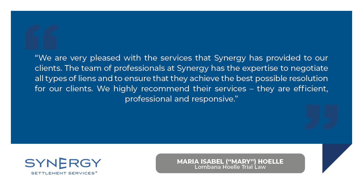 synergypartnr's tweet image. See what Maria Isabel (Mary) Hoelle of Lombana Hoelle Trial Law had to say about Synergy’s Lien Resolution Services.

#TestimonialTuesday #LienResolution