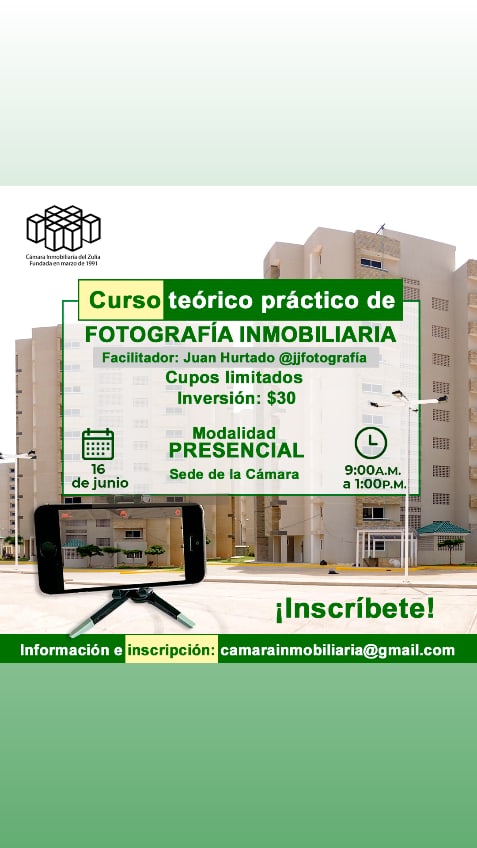¡Inscríbete! En el curso teórico práctico de fotografía Inmobiliaria dictado por el  fotógrafo Juan José Hurtado. 
Fecha 16/06/2021
Hora: 9:00 a.m. a 1:00 p.m.
Sede de la Cámara 
Cupos limitados 
Inversión: $30
Información e inscripción: camarainmobiliaria@gmail.com

#CIEZ